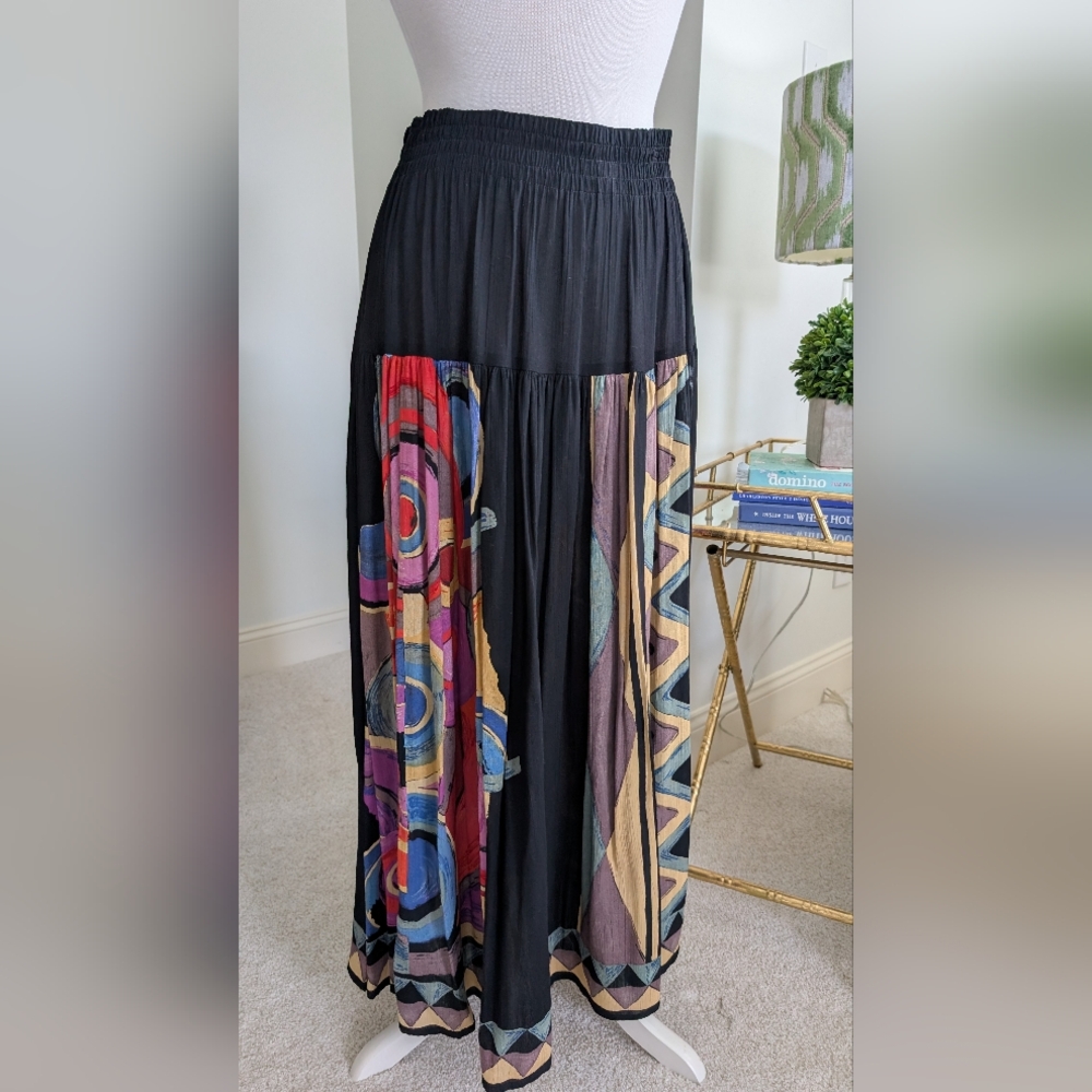 Carole Little Black Maxi Skirt with Red, Blue, Purple & Tan Abstract Panels